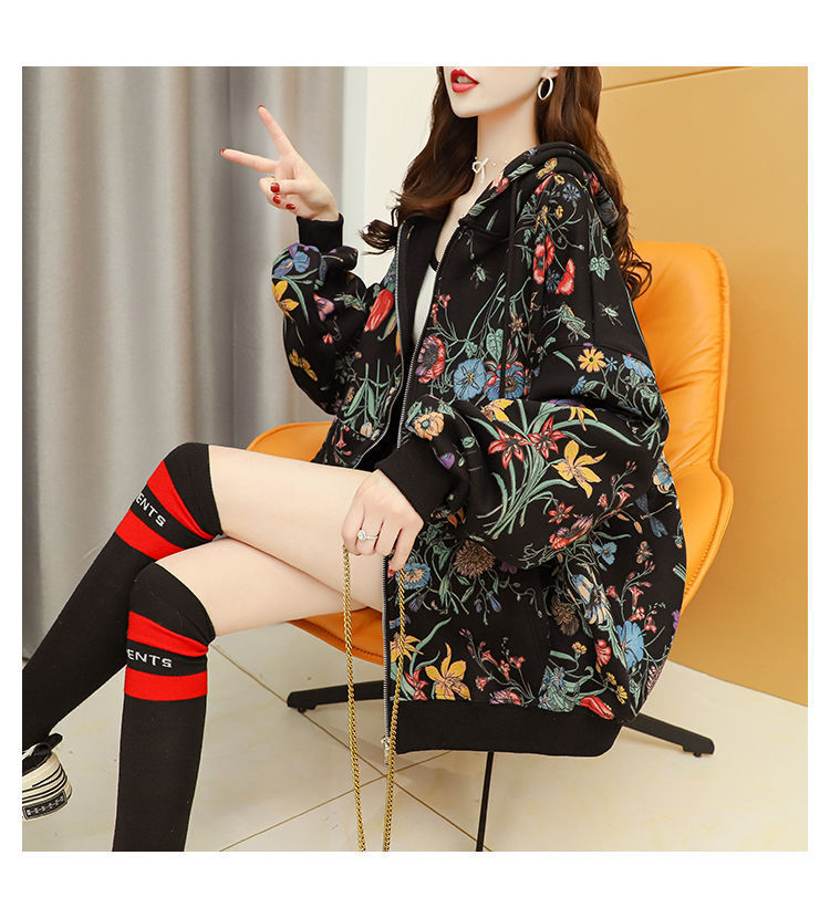 Women Plus Velvet Thick Hooded with Casual Loose Floral Print