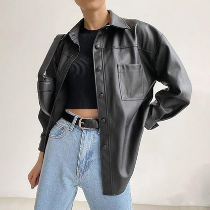 Women's Leather Jacket Lapel Coat