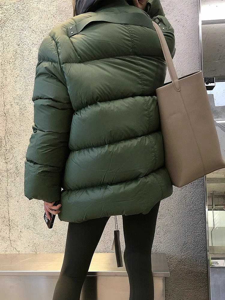 Warm Dark Green Collarless Cotton Puffer Coat Jacket