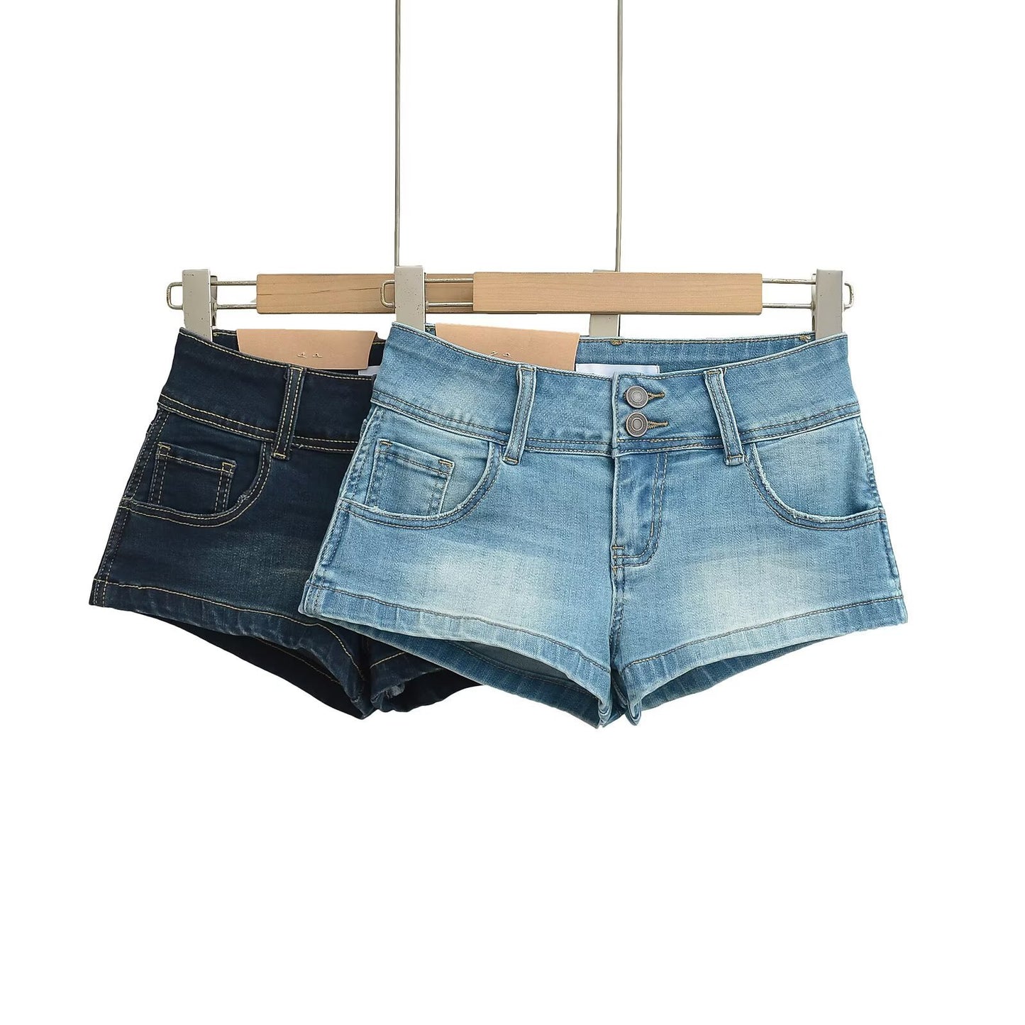 Two-button Distressed Tight Stretch Denim Shorts