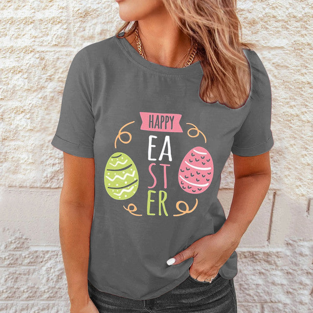 Women Easter Printed Casual Blouses Short Sleeve Shirt