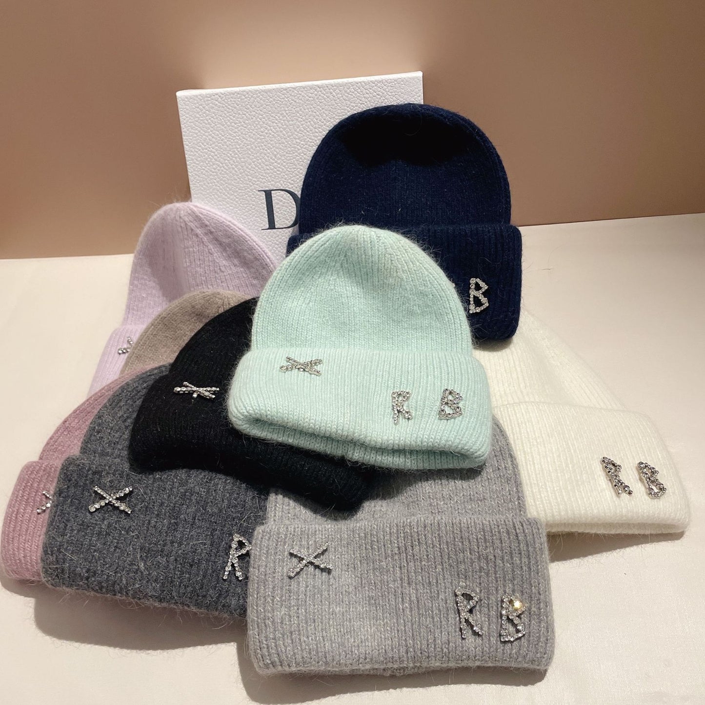 Winter RB Letter Fashion Rabbit Fur Knitted Warm Beanie Hat