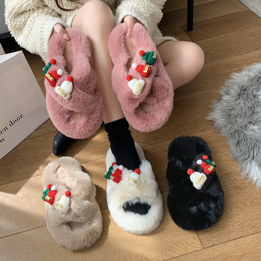 Christmas Hat Fluffy Women's Warm Toe Covering Cotton Slippers