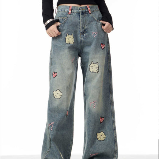 Lamb Embroidery Retro Straight leg Pants