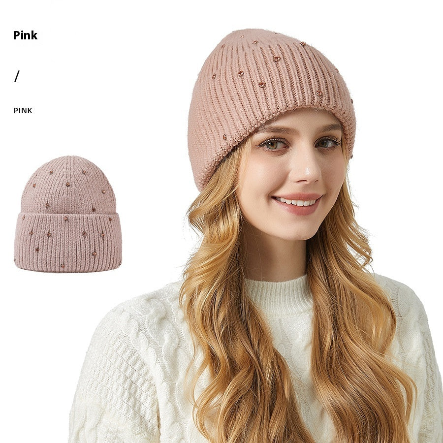 Exquisite Rhinestone Angola Rabbit Fur Thickened Elastic Knitted Beanie Hat