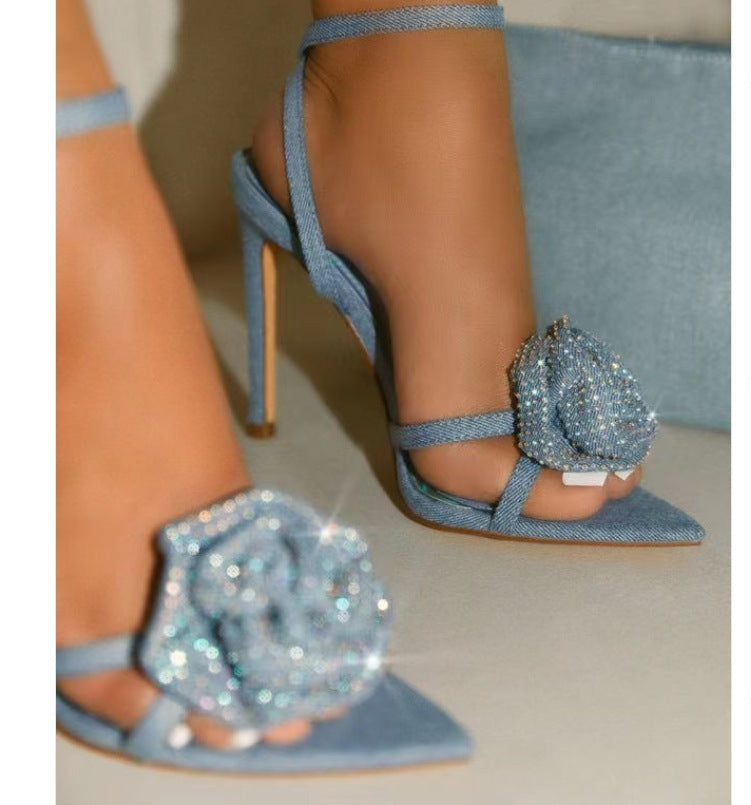 Pointed Toe Rhinestone Flower Strap Stiletto Heels