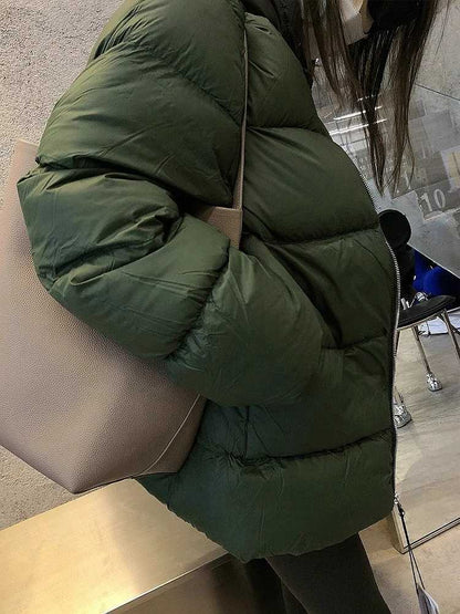 Warm Dark Green Collarless Cotton Puffer Coat Jacket