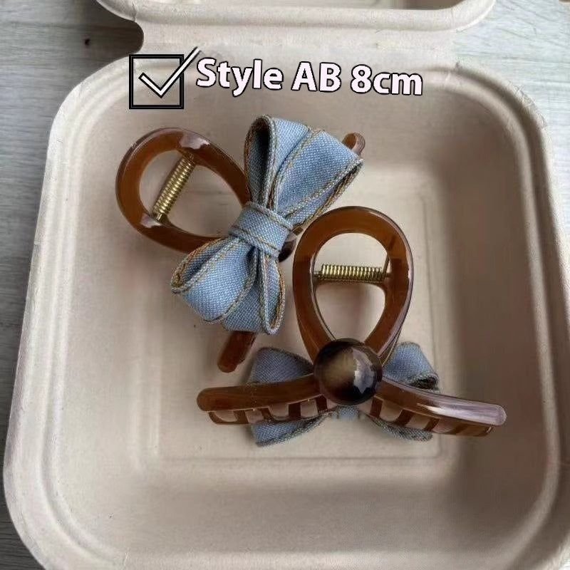 Blue Denim Bow Barrettes Hair Claw