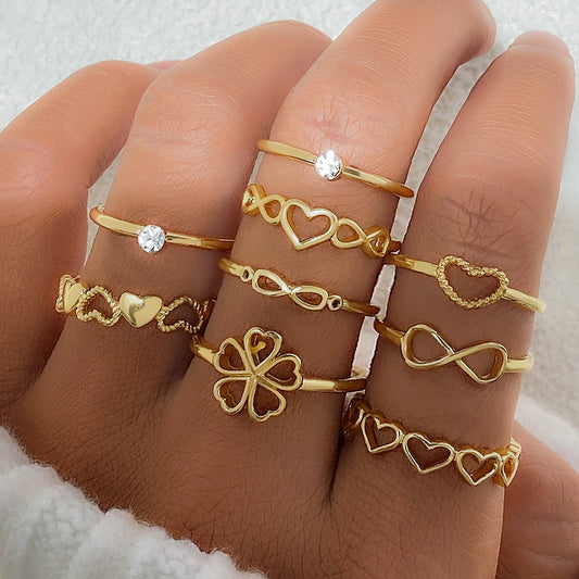 Gold Color Heart Rings 9pcs Sets Vintage Hollow Irregular Geometric Butterfly Finger Rings