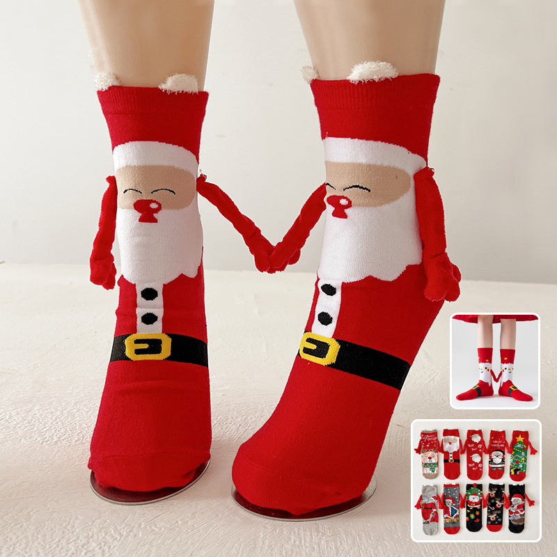 Christmas Magnetic Santa Claus Snowman Hand-holding Socks For Couple