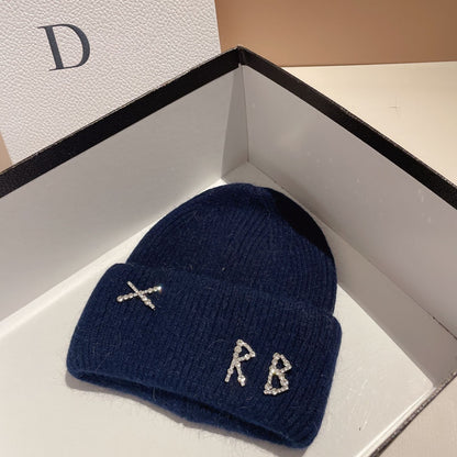 Winter RB Letter Fashion Rabbit Fur Knitted Warm Beanie Hat