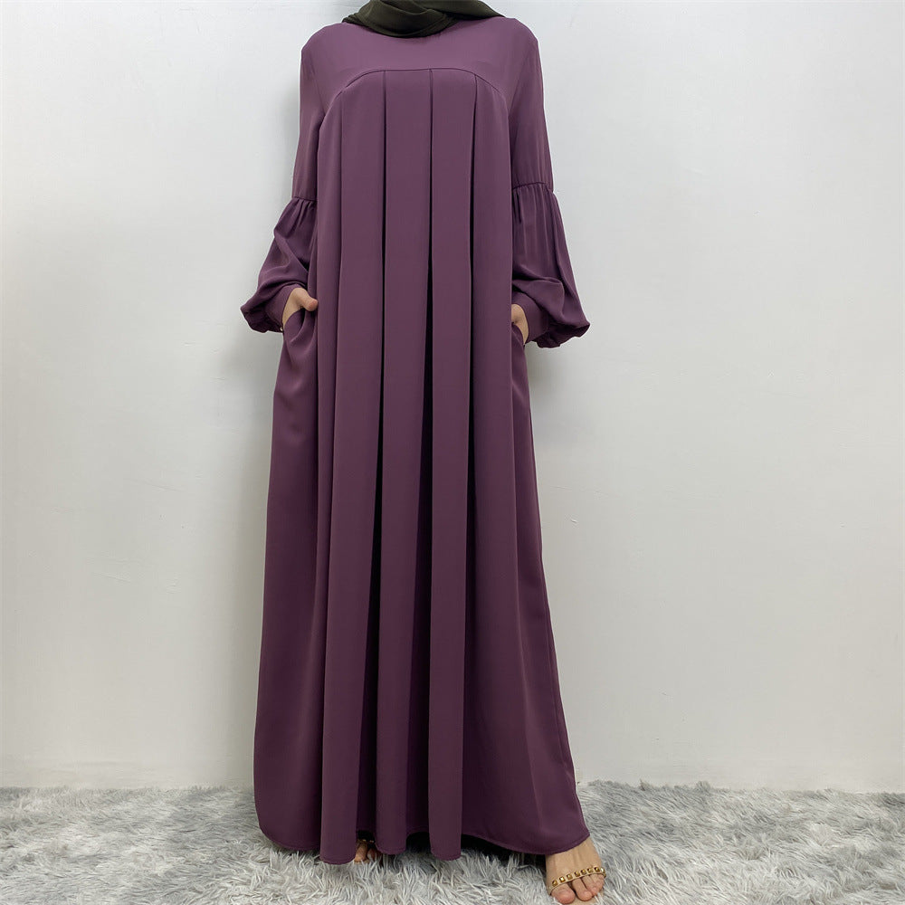 Muslim Solid Color Pleated Round Neck Abaya