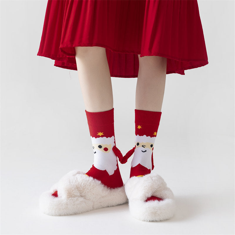 Christmas Magnetic Santa Claus Snowman Hand-holding Socks For Couple