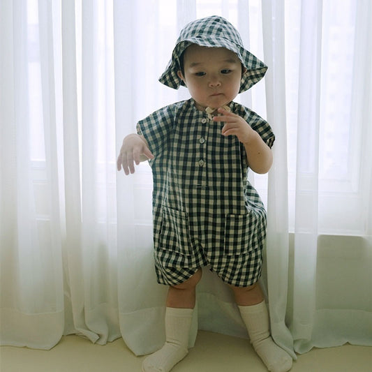 Plaid Romper & Hat Two-piece Baby Summer Clothes