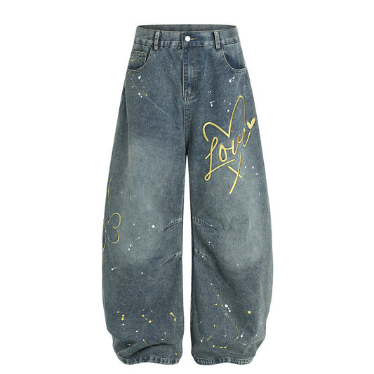 Niche American Retro Splash-ink Embroidered Machete Jeans