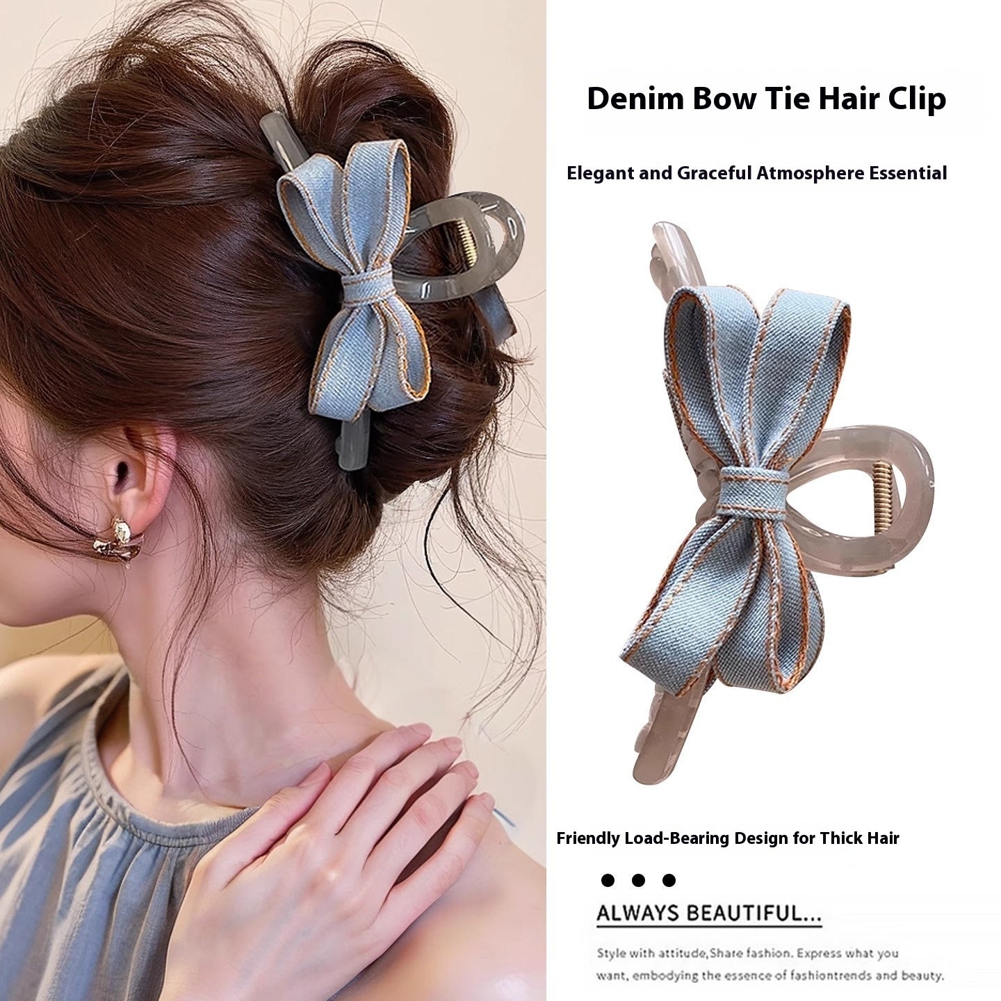 Blue Denim Bow Barrettes Hair Claw