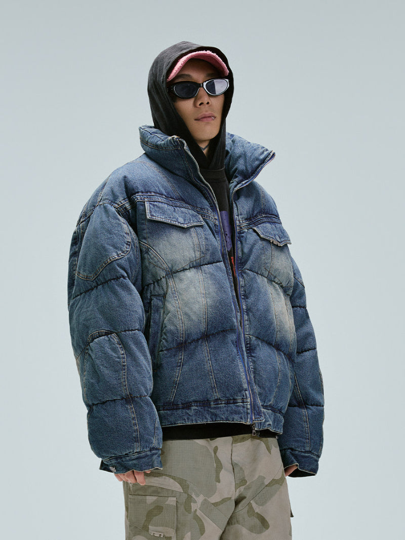 WASHED DENIM PUFFER JACKET