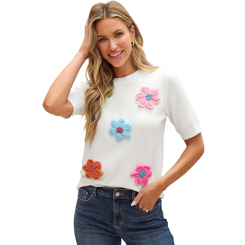 Three-dimensional Flower Decoration Half-sleeve Top Commuters' Knitted