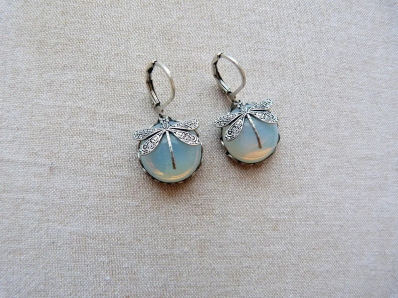 Vintage Dragonfly Pendant Earring Boho Chakra Blue Moonstone Earrings For Women