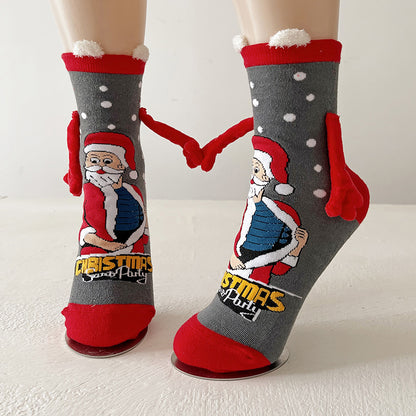 Christmas Magnetic Santa Claus Snowman Hand-holding Socks For Couple