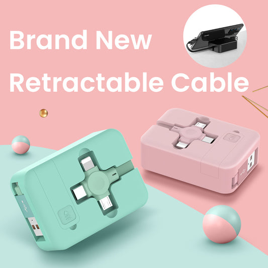 4 in 1 巻き取り式USBケーブル クリエイティブマカロンタイプCマイクロケーブル iPhone用 スタンド付き 充電データケーブル ライン収納ボックス付き