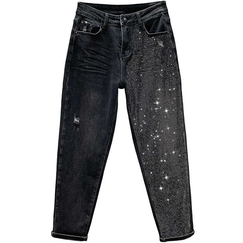 Women's Cotton Elastic High Waist Slimming Hot Rhinestones Jeans