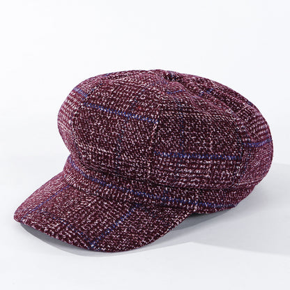 Thickened Plaid Woolen Octagonal Cap for Women