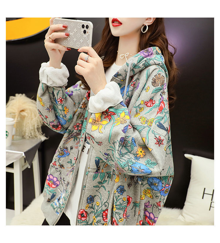 Women Plus Velvet Thick Hooded with Casual Loose Floral Print