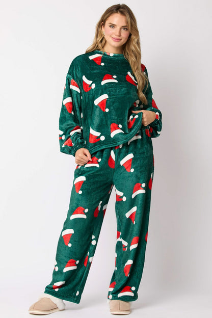 Christmas Santa Claus Casual Flannel Pajama Sets For Women 2 Piecee