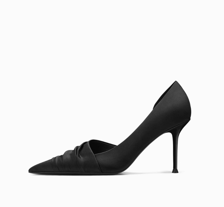 Black Cloth Satin Side Empty High Heels Lining material from sheepskin