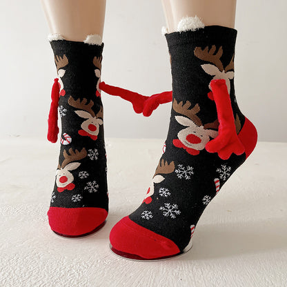 Christmas Magnetic Santa Claus Snowman Hand-holding Socks For Couple