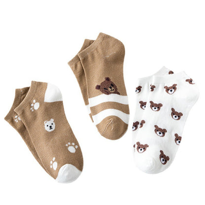 Women 5 Pair Set Low-cut Cartoon Cute Brown Bear Socks