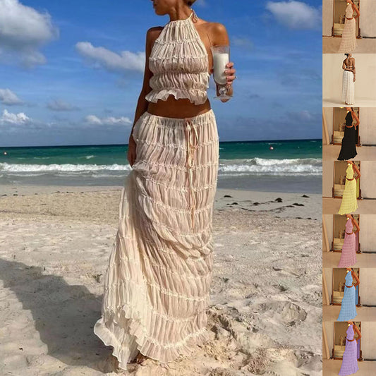 レディース ドレススーツ ノースリーブ バックレス クロップド丈 ホルターネック トップとプリーツロングスカート ビーチウェア 2点セット