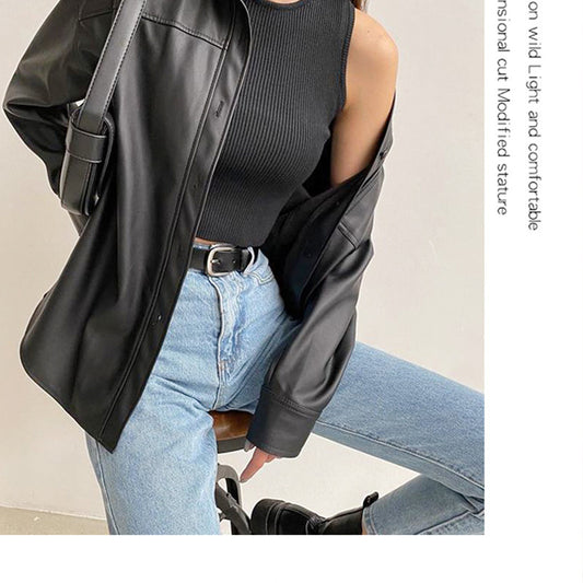 Women's Leather Jacket Lapel Coat