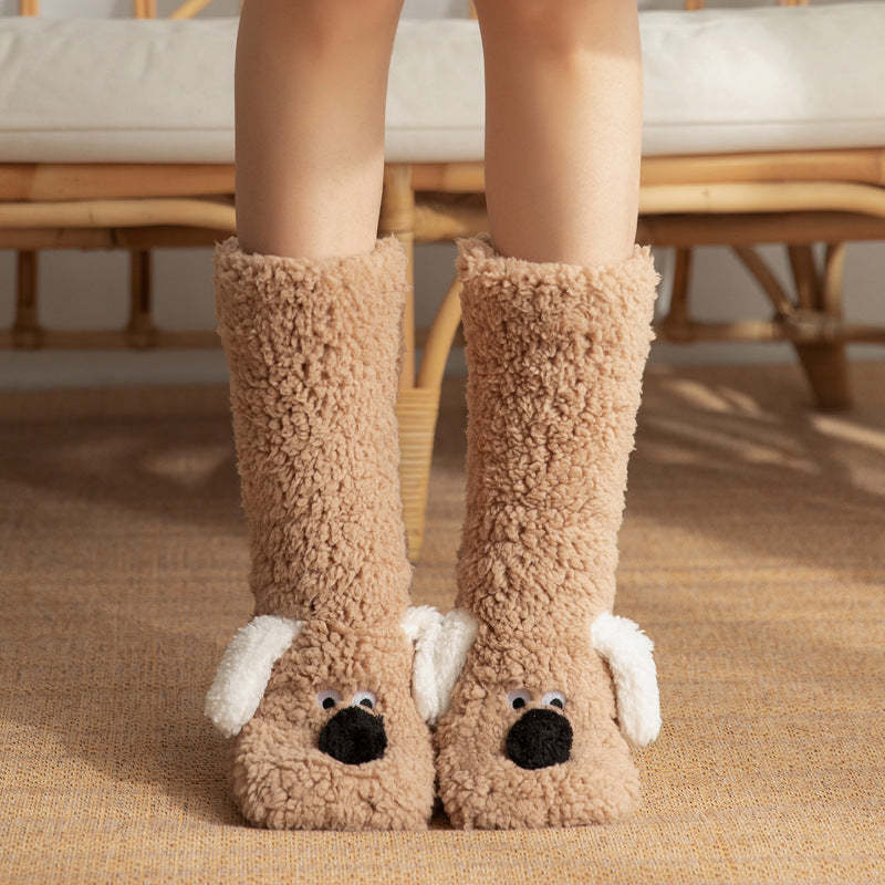 Cute Cartoon Dog Floor Winter Warm Non-slip Plush Socks For Women