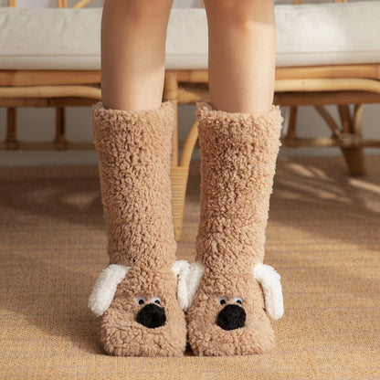 Cute Cartoon Dog Floor Winter Warm Non-slip Plush Socks For Women