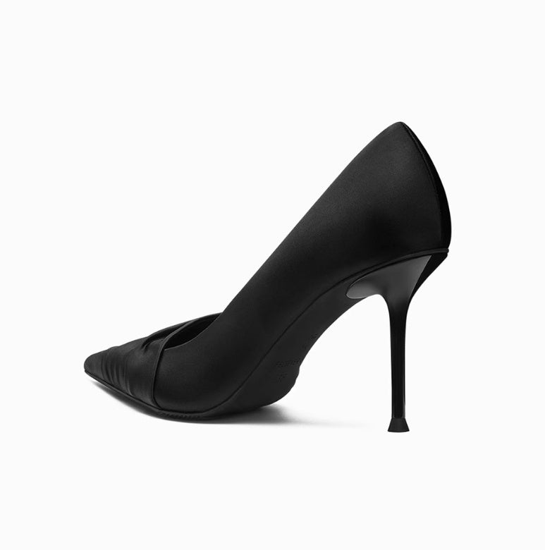 Black Cloth Satin Side Empty High Heels Lining material from sheepskin