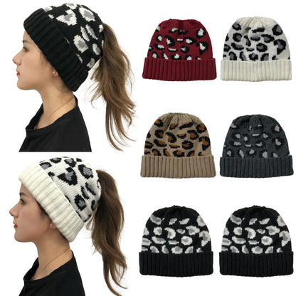 Leopard Print Bun Opening Knitted Beanie Hat