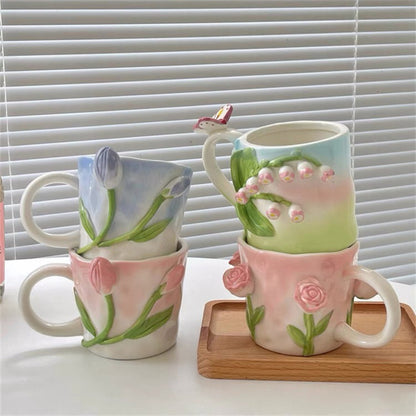 Girls' Heart Hand-painted Three-dimensional Tulip Rose Ceramic Mug