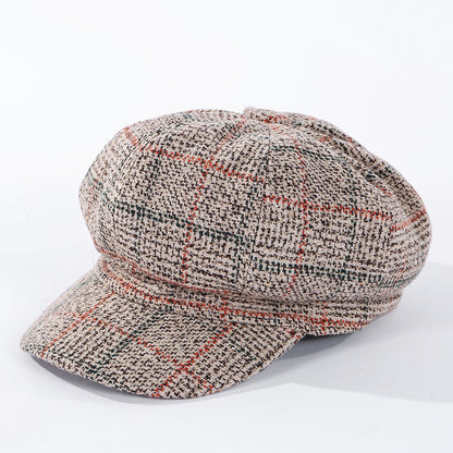 Thickened Plaid Woolen Octagonal Cap for Women