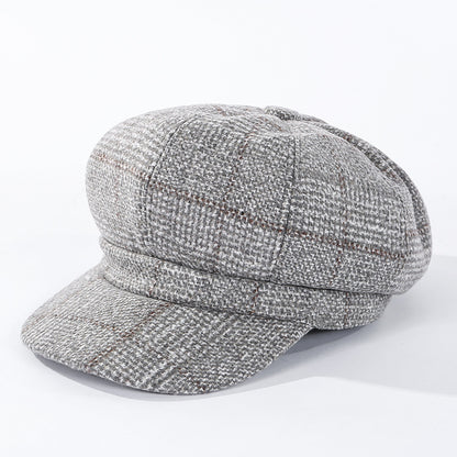 Thickened Plaid Woolen Octagonal Cap for Women