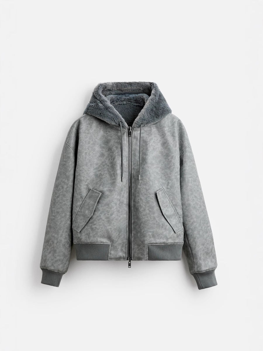 Reverseable Faux Leather Hooded Bomber Jacket