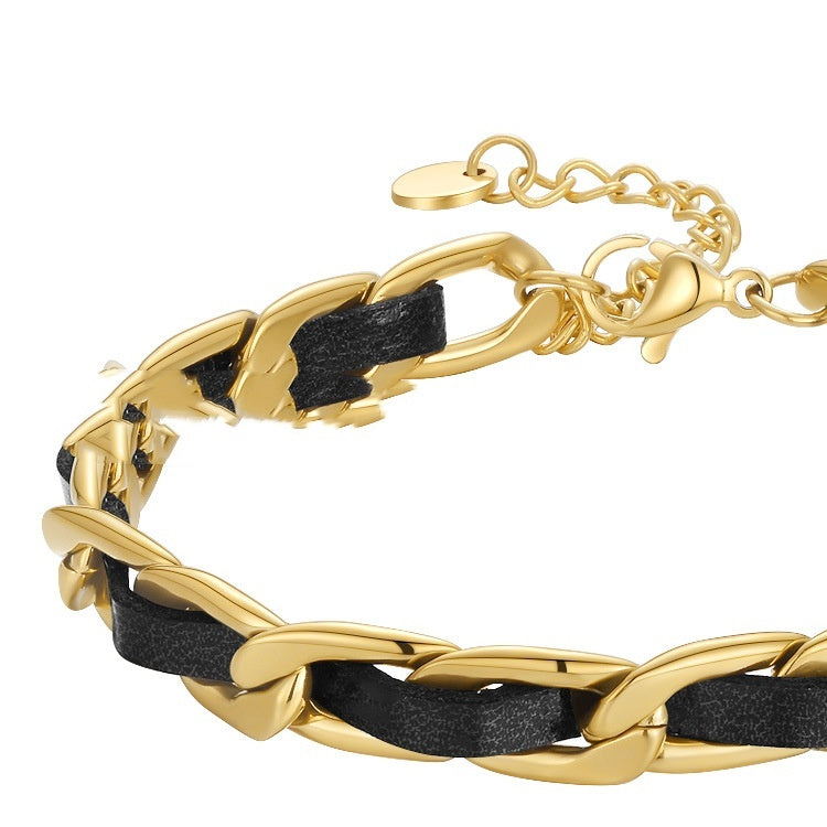 18K Gold Titanium Steel Plated European And American Fashion Metal Chain Leather Rope