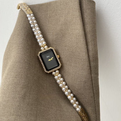 Silver Black Square Pearl Bracelet Watch