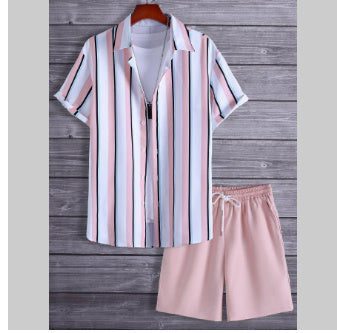 Black And White Striped Hawaiian Men's Shirt & Short Set