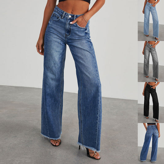 High Waist Jeans With Pockets Comfortable Slim Fit Straight Wide-leg