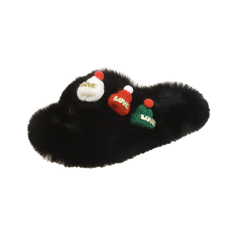 Christmas Hat Fluffy Women's Warm Toe Covering Cotton Slippers