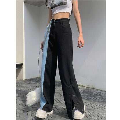 Black and Blue color block high rise split jeans