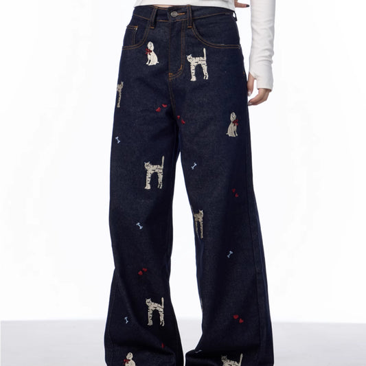 Cat Print Wide Leg Jeans Women's Loose Casual Pants