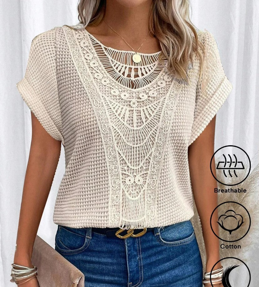 Hollow Out Short-sleeved T-shirt Fashion Ethnic Style Tops Women's Clothing